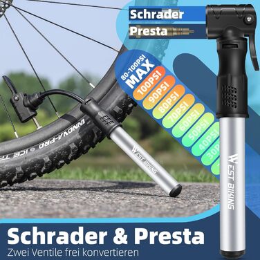 Міні-насос для велосипеда West Biking - Алюмінієвий насос для велосипеда, сумісний з усіма типами вентилів, портативний, швидке накачування шин, легкий, для MTB, шосе, м'ячів (срібний)