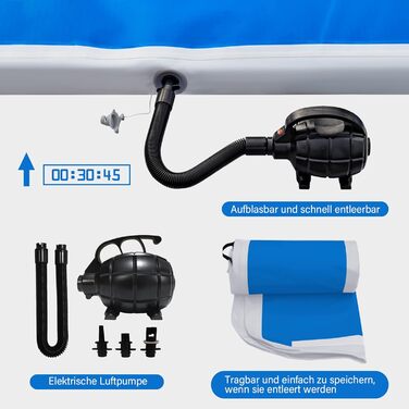 AKSPORT Надувний гімнастичний мат з повітряною подушкою, 3/4/5/6м, 10/20см, 300x100x10см, синій