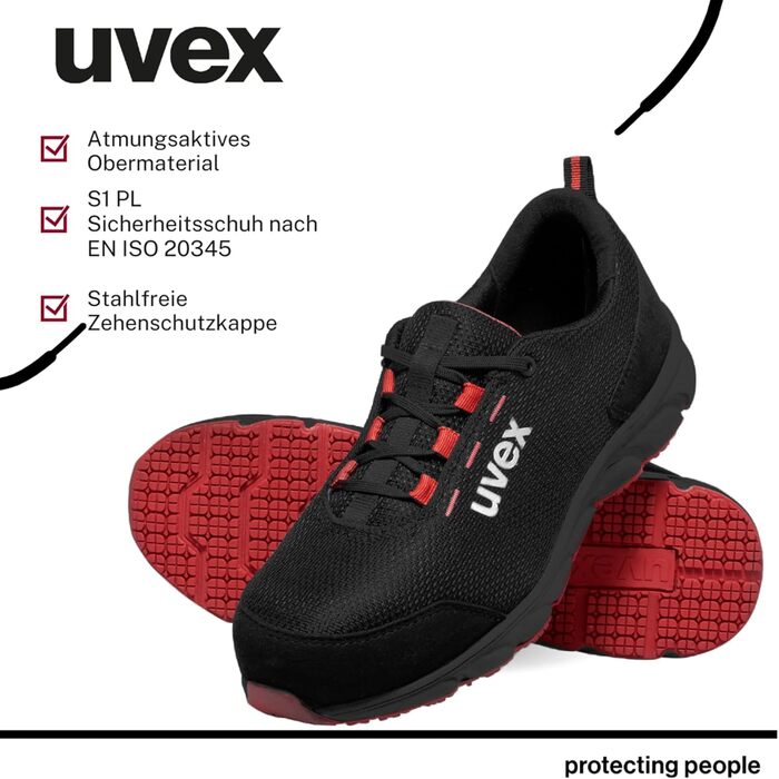 Робоче взуття Uvex 1 Dynam-x S1 PL - легке, дихаюче, металозахисту немає, ESD, антиковзаюче, чорно-червоне, розмір 40 EU, для чоловіків та жінок, веганський, ширина 11