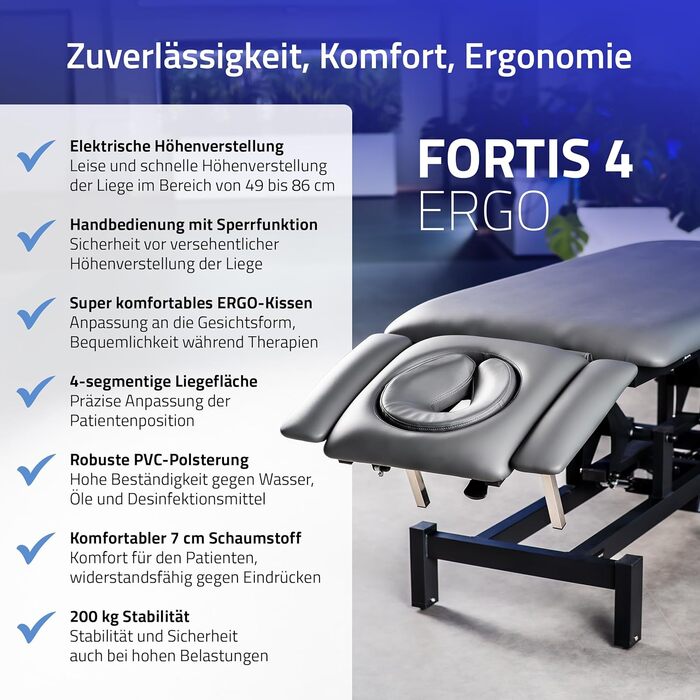 Електричне масажне ліжко HABYS Fortis 4 Ergo, 4-сегментне, для терапії, косметології, 192x68 см, регульована висота
