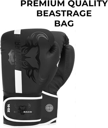 Боксерські рукавички BEAST RAGE для боксу, кікбоксингу та муай-тай: чоловічі та жіночі, 8/10/12/14/16 oz, чорні та білі