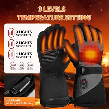 Гріючі рукавички для чоловіків та жінок, з акумулятором 5V 5000mAh, 3 режими нагріву, для мотоциклів, велосипедів, катання на лижах (M)