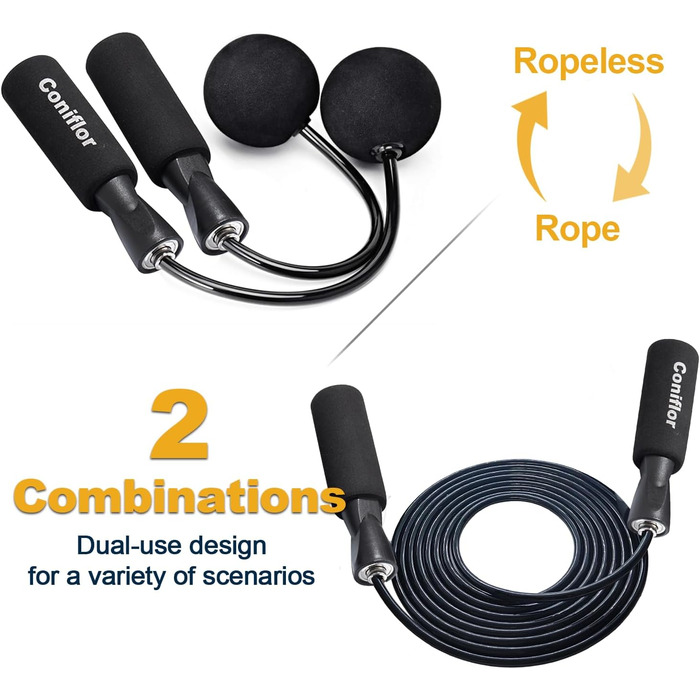 Стрибкова скакалка Coniflor 2-в-1 для жінок, чоловіків та дітей - без перекручування, з підшипниками та зручними ручками для швидких фітнес-тренувань, чорна