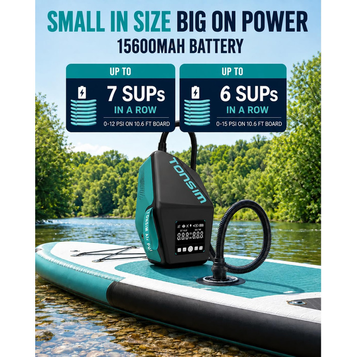 Електричний насос Tonsim Sup Pumpe 20 PSI з акумулятором для SUP-дощок, каяків, надувних човнів та кемпінгу (чорно-сірий)