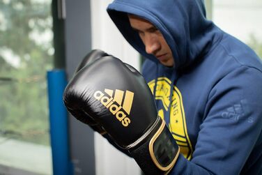 Боксерські рукавички adidas Hybrid 80 для боксу, кікбоксингу, MMA, тренувань, 6 унцій, чорні/сині, унісекс