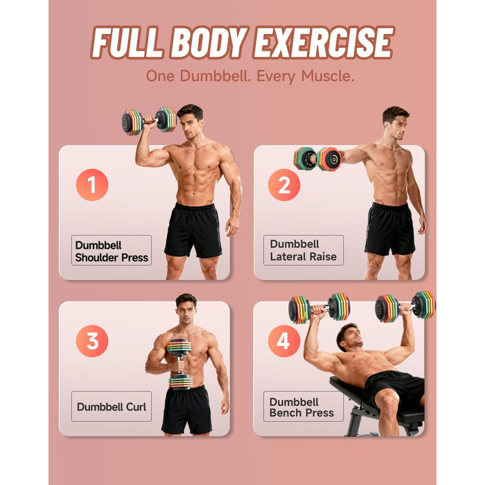 Регульований набір гантелей Motion Space, 5.7-10.2 кг, швидка зміна ваги, металеві гантелі з неслизькими ручками, компактний для тренувань вдома, колір: Райдуга, загальна вага: 10 кг