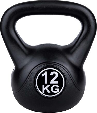 Гиря Fitforce 12 кг, цементна, пластикова оболонка, чорна – для фітнесу, силових та кор тренувань