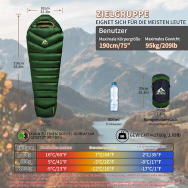 Спальний мішок BUERTS Daunen Summer 620FP, компактний, для дорослих та підлітків, 16°C, зелений