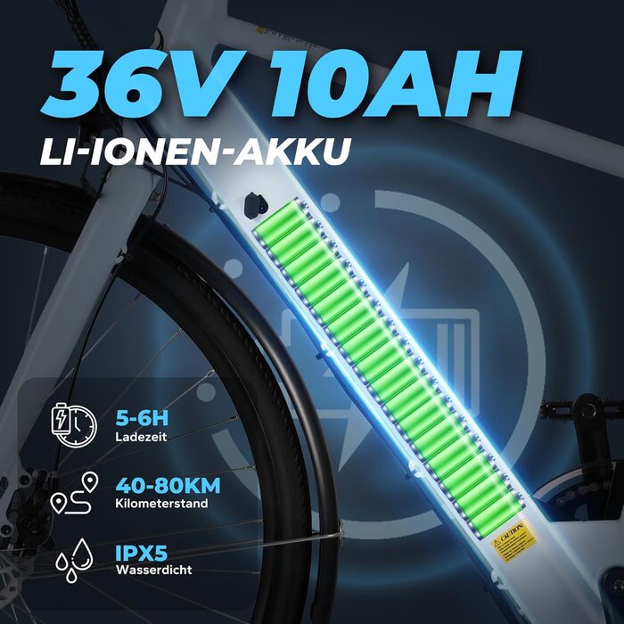 Електровелосипед AOIHO 28'' для чоловіків і жінок з датчиком крутного моменту, акумулятор 36V 360Wh, пробіг до 80 км, 3 режими, 6-ступінчаста трансмісія, міський, блакитний