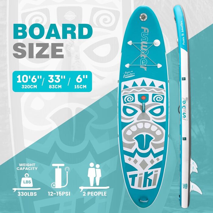 SUP дошка FunWater надувна 10'-11' з веслом та насосом, Eva-покриття, для 2-х осіб/сім'ї, блакитно-зелена