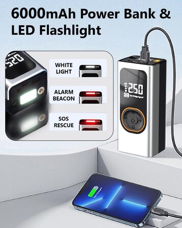 Портативний електричний компресор 6000mAh, 150 PSI, міні насос для шин з цифровим манометром, LED, USB Powerbank для авто, мото, велосипеда, м'ячів