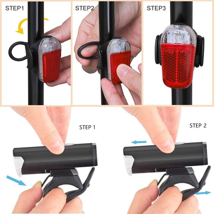 Набір переднього та заднього велоліхтаря, USB-зарядка, сертифікат StVZO, 2 режими освітлення, водонепроникність IPX4, для дітей та дорослих, чорний