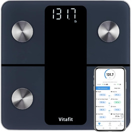 Ваги для аналізу складу тіла Vitafit з Bluetooth, до 180 кг, вимірювання жиру, м'язової маси, ІМТ, білка, BMR, чорні, з додатком
