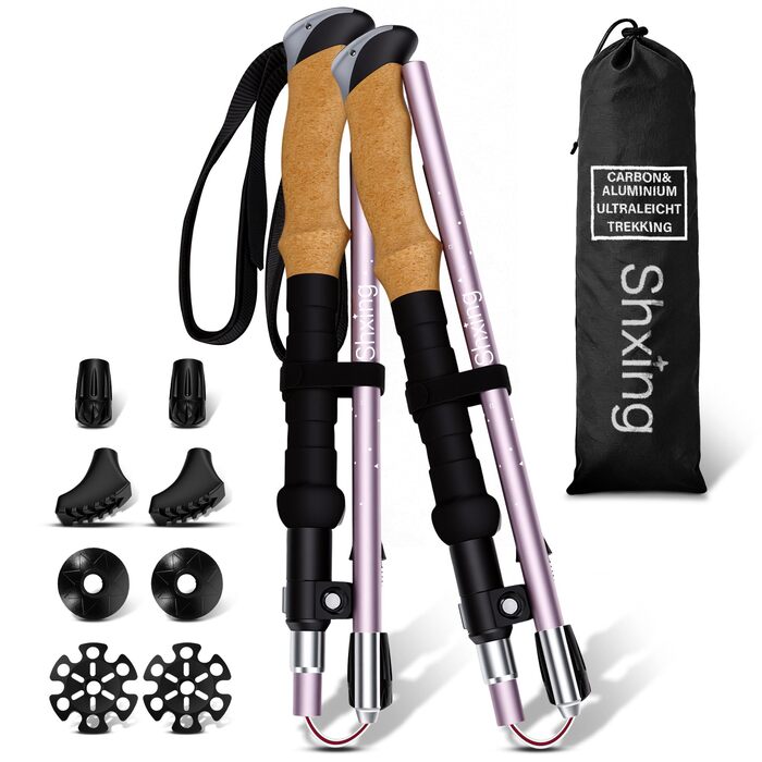 Складані трекінгові палиці для ходьби та Nordic Walking, набір 2 шт, Карбон 3K та Алюміній 7050, регульовані 110-135 см, коркова ручка з EVA, рожеві