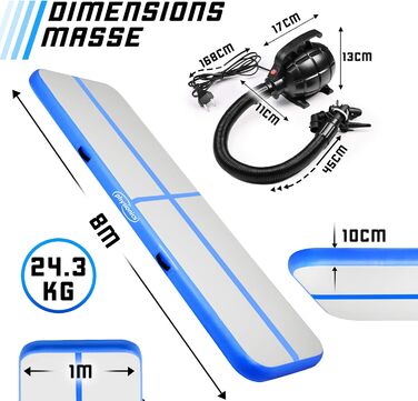 Physionics® Air Matte Track - надувна гімнастична/тренувальна матка з електропомпою, 800x100x10 см (3/4/5/6/7/8 м), блакитна