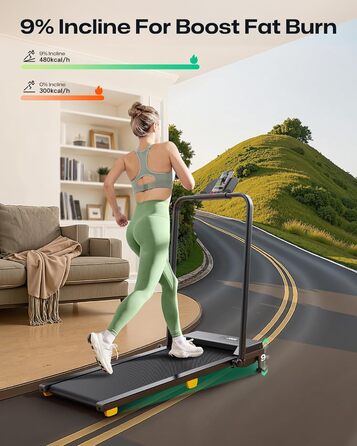 Біговий доріжки з нахилом 9% - складаний Walking Pad з безпечним руків'ям, режим HIIT одним дотиком, для ходьби, бігу та джогу вдома, без збирання, з пультом керування та LED-дисплеєм (чорний)