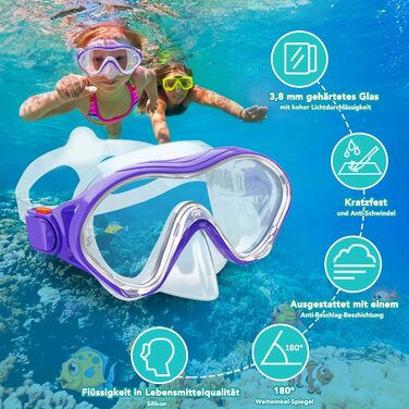 Набір для снорклінгу для дітей з ластами, маска з панорамним оглядом 180°, регульовані ласти, високоякісна маска та сухий снорклінг для плавання (фіолетовий)