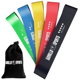 Гумові еспандери Gorilla Sports® 5 шт. з сумкою для тренувань: рівні опору, нековзкий латекс для фітнесу, йоги, пілатесу, реабілітації