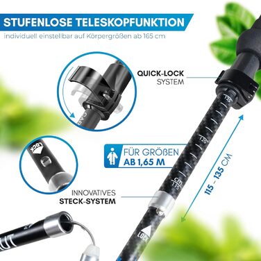 NORDMUT® Розкладні трекінгові палиці: карбон або легкий матеріал, регулювання від 1,50м до 1,65м, ергономічні ручки, компактні (115-135см)