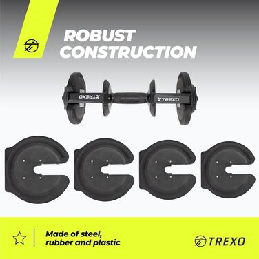 Регульована гантеля TREXO 18-40 кг з заліза для силових тренувань, зручна рукоятка, налаштування ваги обертанням