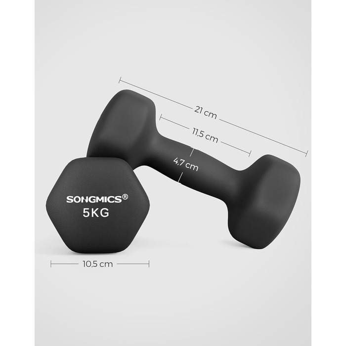 Гантелі SONGMICS 2x5 кг, неопрено-обробка, шестигранні, набір для домашніх тренувань