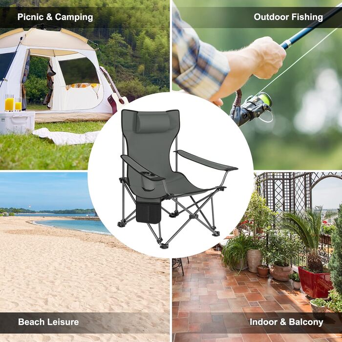Крісло для кемпінгу Woltu, складане, рибальське, легке, з підніжкою та підсклянником, сіре