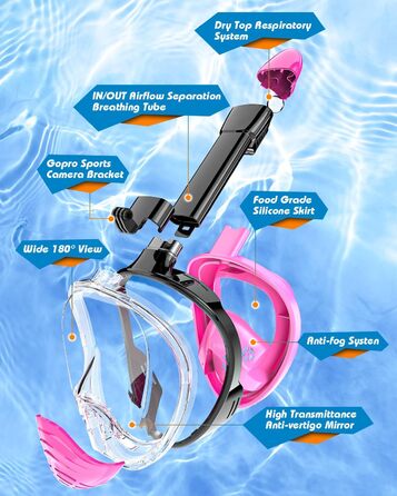 Маска для снорклінгу QingSong Full Face з камерою, 180° огляд, антизапітління, антивитік, для дітей та дорослих