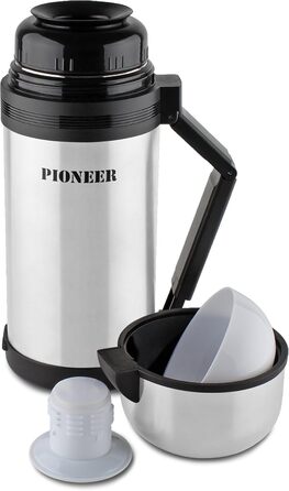 Термос Pioneer 1,5 л з нержавіючої сталі з ручкою та чашкою, подвійні стінки, зберігає тепло/холод 8 годин, герметичний, BPA Free, сріблястий