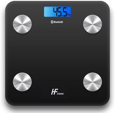 Інтелектуальна вага для тіла з Bluetooth, HFitness, вимірювання жиру, BMI, iOS/Android, чорний колір з блакитною підсвіткою