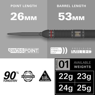 Професійний набір сталевих дротиків Target Darts Scope Swiss Point, 90% вольфрам, червоно-чорний, 21-25 г, з інструментом