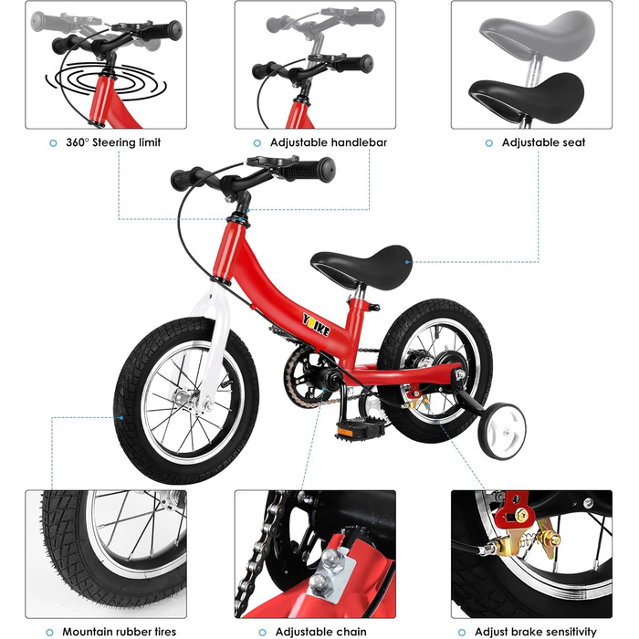 Дитячий велосипед YBIKE 2-в-1: біговел та велосипед, 12/14/16 дюймів, з гальмами та педалями, для дітей 1-7 років (червоний, 14 дюймів)