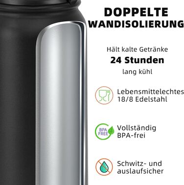 Фанхав 600 мл, ізольована спортивна пляшка для води з трубочкою, чорна, для школи, дітей, чоловіків та жінок