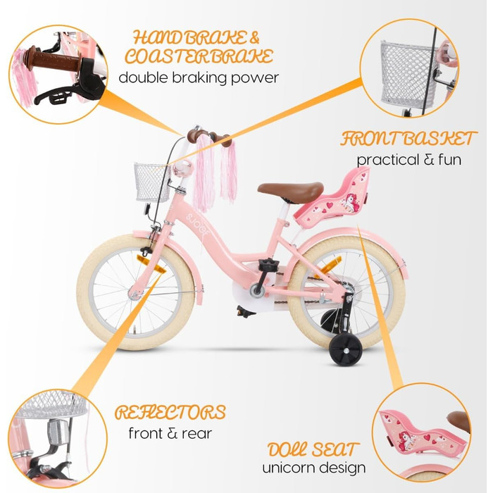Дитячий велосипед Dolly 14 дюймів для дівчаток 3-5 років | Зручна збірка | З додатковими колесами | Розмір одягу 98-108 см | Рожевий колір