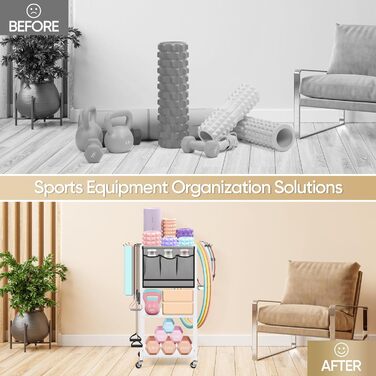 Стойка для гантелей для дому, багаторівнева полиця для зберігання, органайзер для йога-килимка та фасційного ролика, аксесуари для тренувань з роликами та гачками, білий