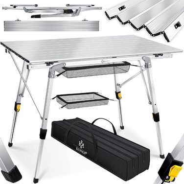 Кемпінговий стіл KESSER® складний, 90x53 см, з алюмінієвим каркасом, регулювання висоти, до 100 кг, з сумкою та сітчастою кишенею, срібний
