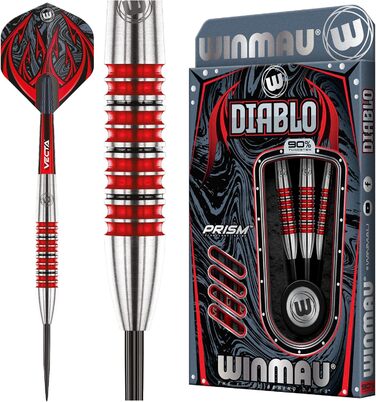 Дротики для дартсу WINMAU Diablo 26 г, сталева вістря, вольфрам, з оперенням та стержнями, професійні