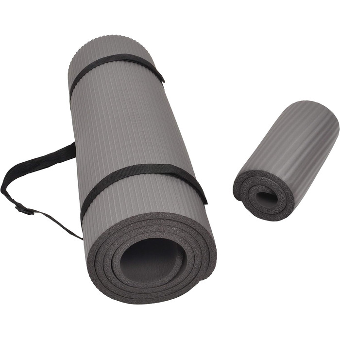 Килимок для йоги BalanceFrom GoYoga+ 1/2 дюйма, високої щільності, проти розривів, з ремінцем і підкладкою для колін, сірий