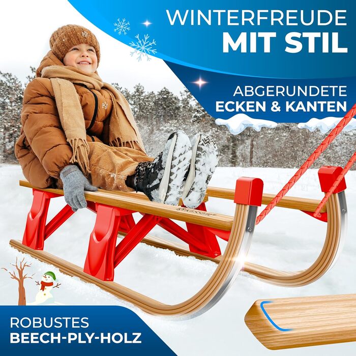 Дерев'яний санчата KESSER® Premium з буку, складні, з тяговим тросом та металевими чіпами, без спинки, червоні