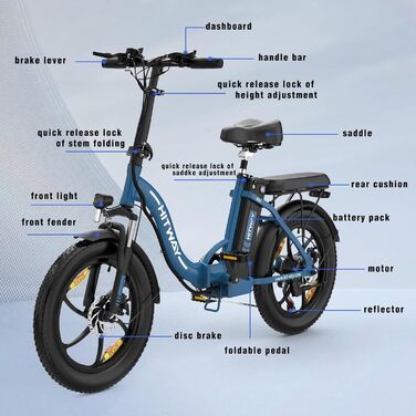 Електровелосипед HITWAY 20'' Fat Tire, складаний, 250W/36V/12Ah, 35-90 км, 7 швидкостей, гірський та міський для чоловіків і жінок