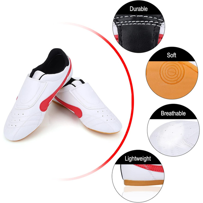 Таекундо - спортивні кросівки, унісекс, дихаючі, для боксу, кунг-фу, тай-чі, фітнесу, гімнастики, легкі, для дітей та дорослих (36 - білий та червоний)