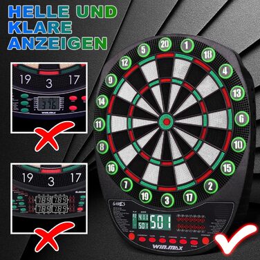 Електронний дартс WIN.MAX Profi Set: 34 гри, 354 варіанти, 3 мови (Deutsch, English, Français), 1-8 гравців, 12 дротиків (зелені та червоні) з підсвіткою