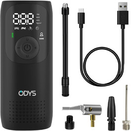 ODYS FlexPump акумуляторний портативний електричний компресор-насос для авто, мотоцикла, велосипеда, самоката, м'ячів (0-10 Бар, 0-150 PSI, 2000 мАг, зарядка USB-C, цифровий дисплей, LED-підсвітка)