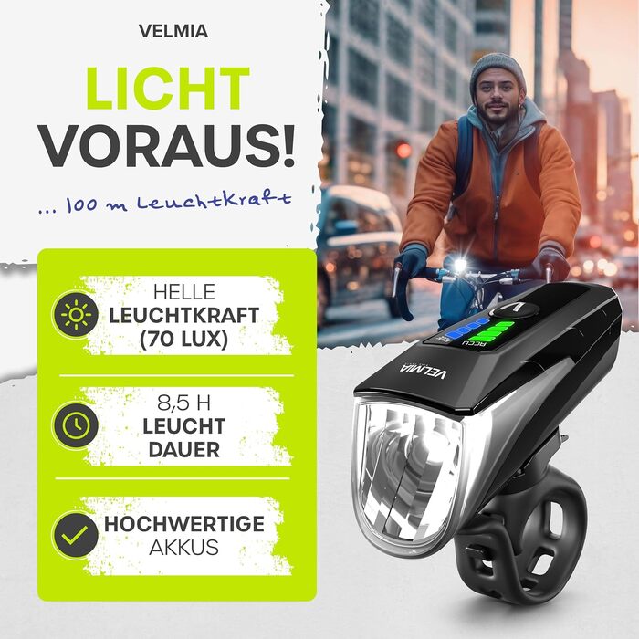 Набір велосипедних LED фар VELMIA, StVZO, USB-акумулятор, водостійкі, 8,5 год роботи, переднє 70 Люкс + заднє світло, золото