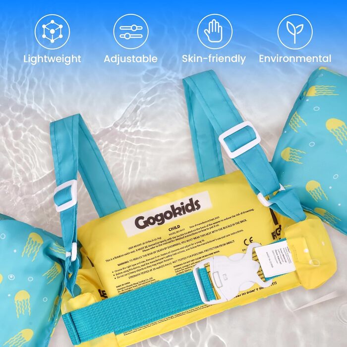 Надувні рукавики для плавання Gogokids для дітей 2-6 років (33-66lbs/15-30kg), безпечні рукавики для плавання з застібкою та рукавами (Жовті медузи)