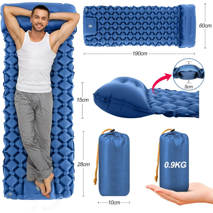 Isomatte HVIERO Саморозкладається, надувна, для кемпінгу, рюкзак, подорожі, туризм. Легка, компактна, блакитна.