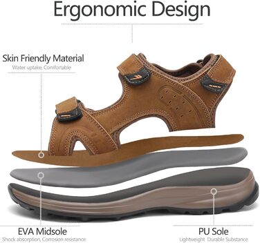 Чоловічі сандалі FLARUT для туризму та відпочинку на природі. Зручні сандалі з натуральної шкіри для літа. Розмір 40 EU, Колір: Коричневий