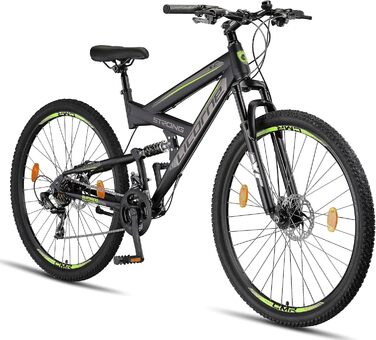 Гірський велосипед Licorne Bike Strong 2D Premium 29 дюймів для підлітків і дорослих, дискові гальма, 21 швидкість, повна амортизація, чорний/лайм