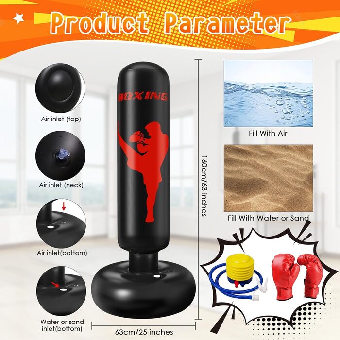 Боксерський мішок дитячий Ninonly 160 см з рукавичками та насосом - стійкий боксерський мішок для дому, вулиці, спортзалу для хлопчиків та дівчаток (чорний)