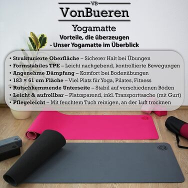 Килимок для йоги VonBueren антиковзкий, 183x61 см, рожевий - для пілатесу та гімнастики