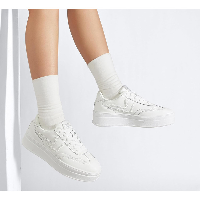 Жіночі кросівки на платформі LUCKY STEP – модні масивні кросівки, зручні шнурівки для повсякденного носіння та прогулянок з прошитими деталями, чорно-білі (білі, 42 EU)